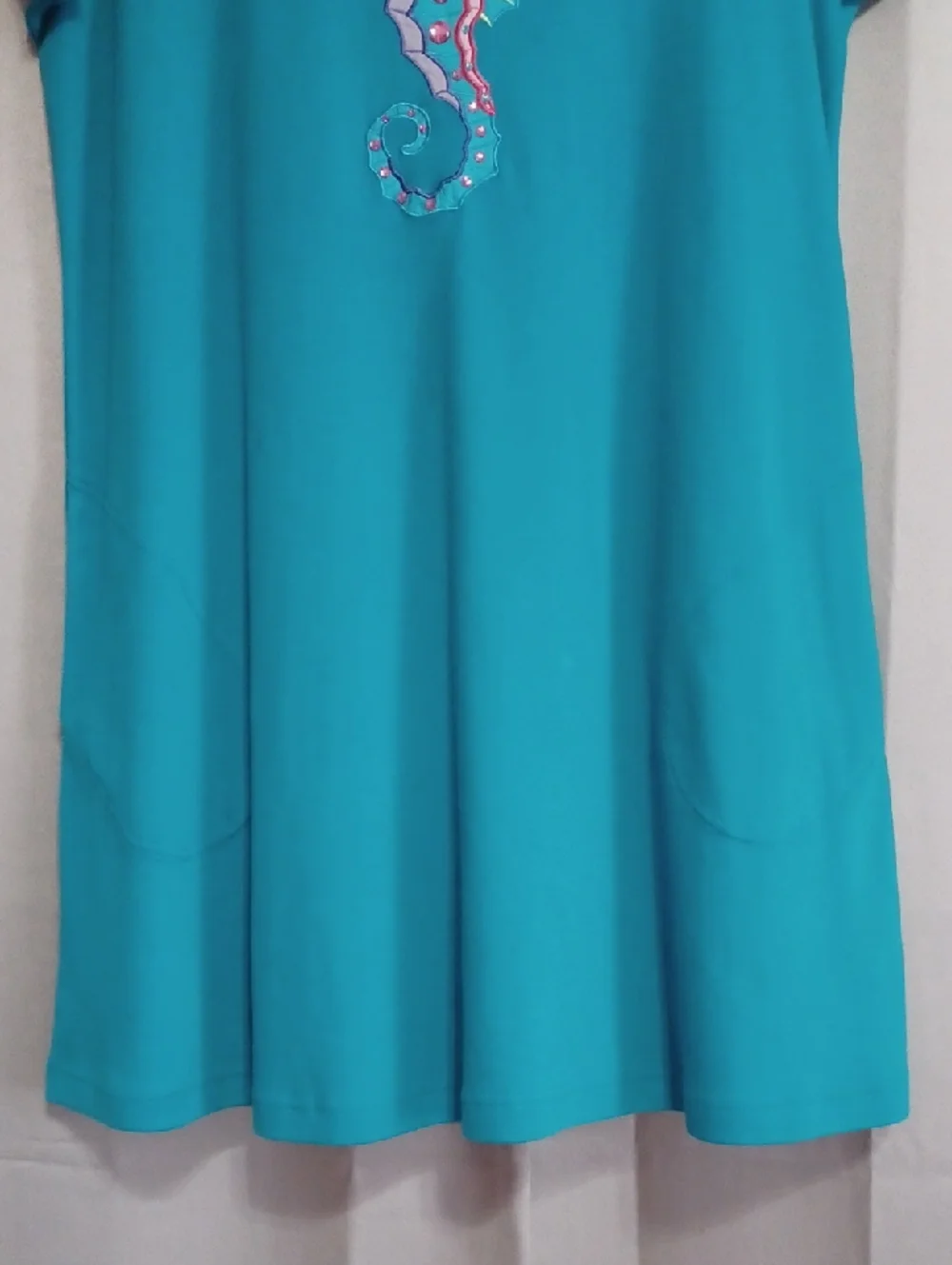 Go Softly Patio Turquoise Seahorse Tunic Midi Dress Embroidered Sequins Pockets